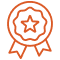 Icône d'un badge ou d'une médaille circulaire orange avec une étoile centrale et des rubans en dessous, symbolisant la qualité et la récompense.