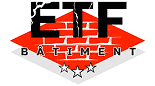 Logo ETF Bâtiment avec lettres noires fissurées sur un mur de briques rouges, formes diamantées et trois étoiles. Symbole de construction ou rénovation.